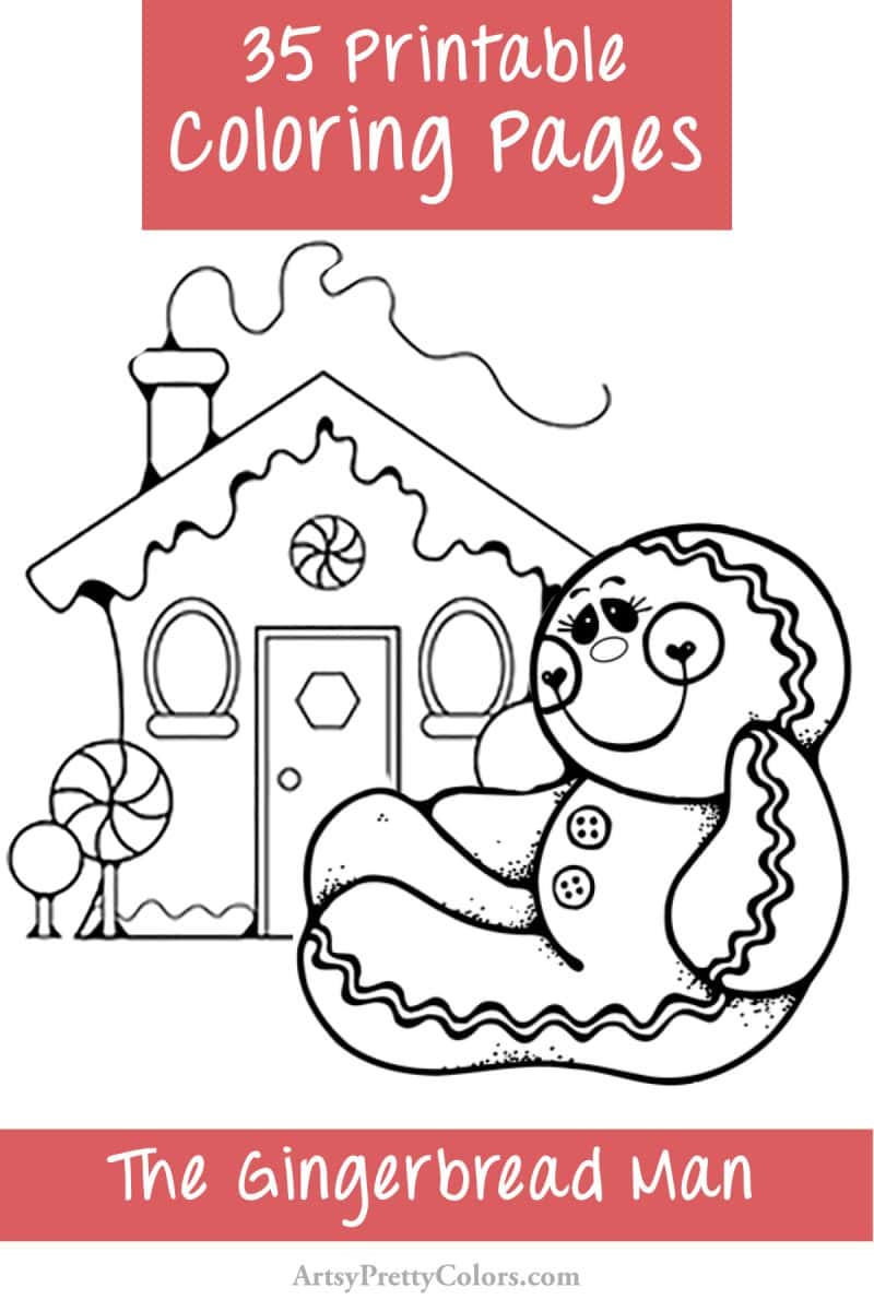 gingerbread man and house coloring page. text says 35 free gingerbread man coloring pages.