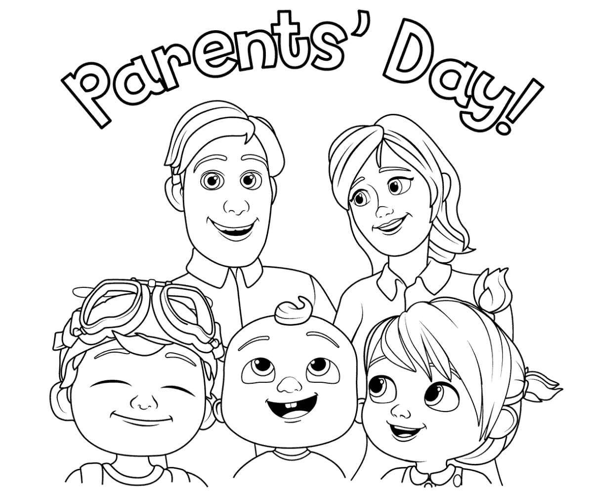 Cocomelon with his siblings and parents. Sign says Parents Day and  page can be colored.