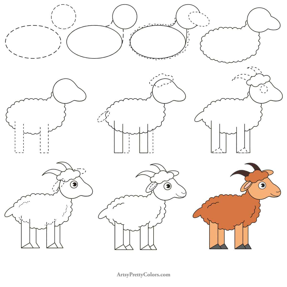 each step in goat drawing process with dotted lines showing the step to be drawn