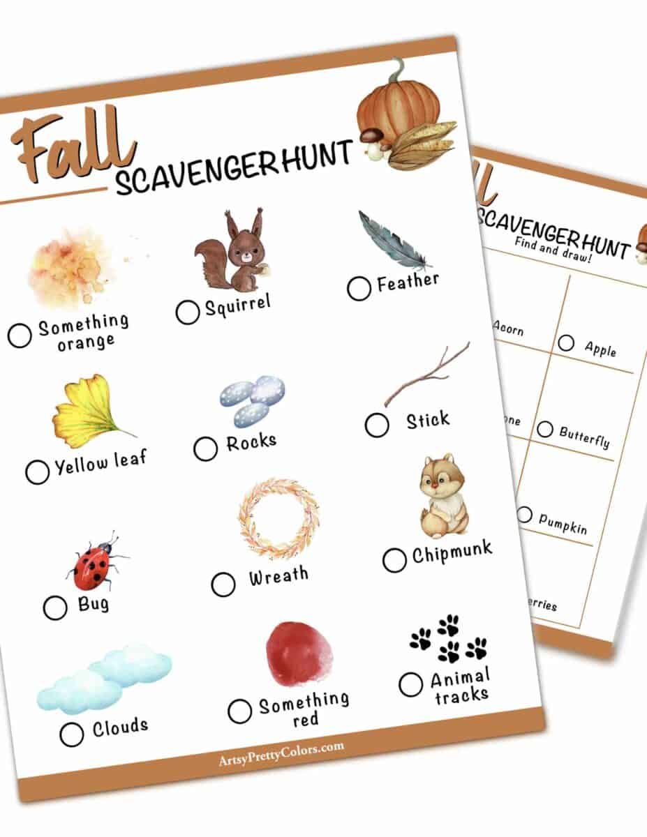 two pages of pdfs with items on them from a fall themed scavenger hunt