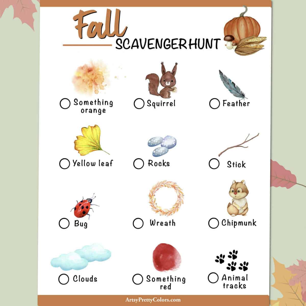 A scavenger hunt with images of fall themed items with check boxes next to them.