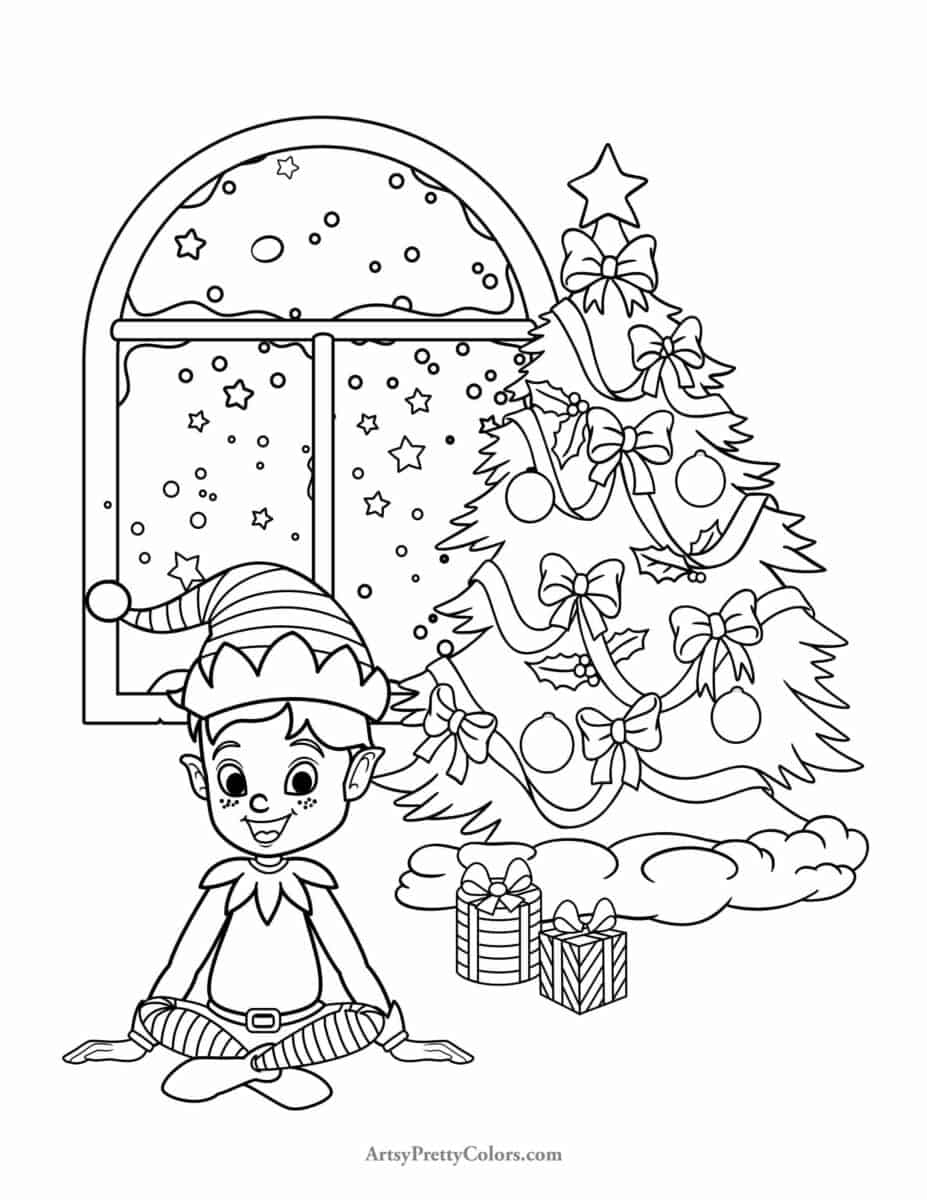 Elf Coloring Page with Christmas Tree and presents.