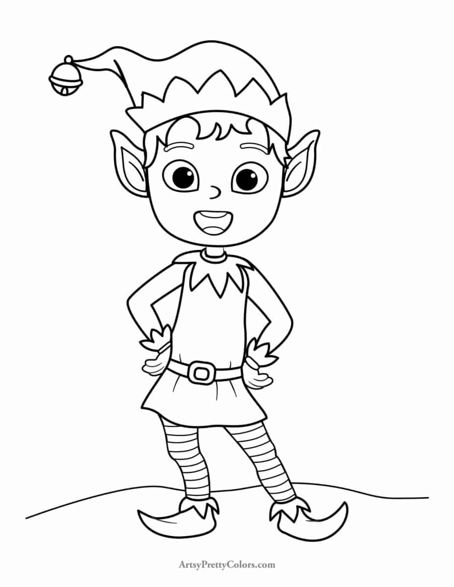 Elf Coloring Page with elf with hands on hips.