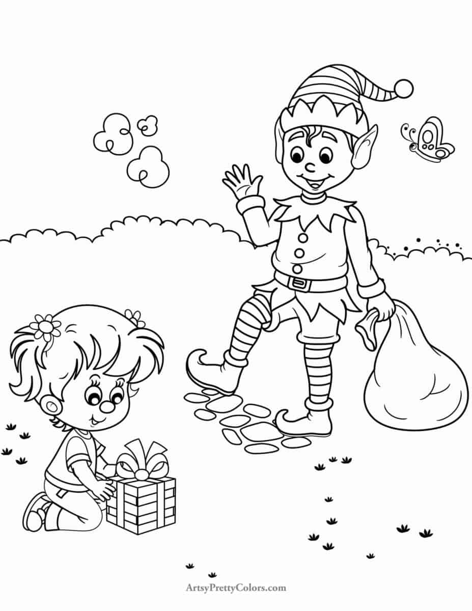 Elf Coloring Page with elf carrying Santa sack and little girl opening present.