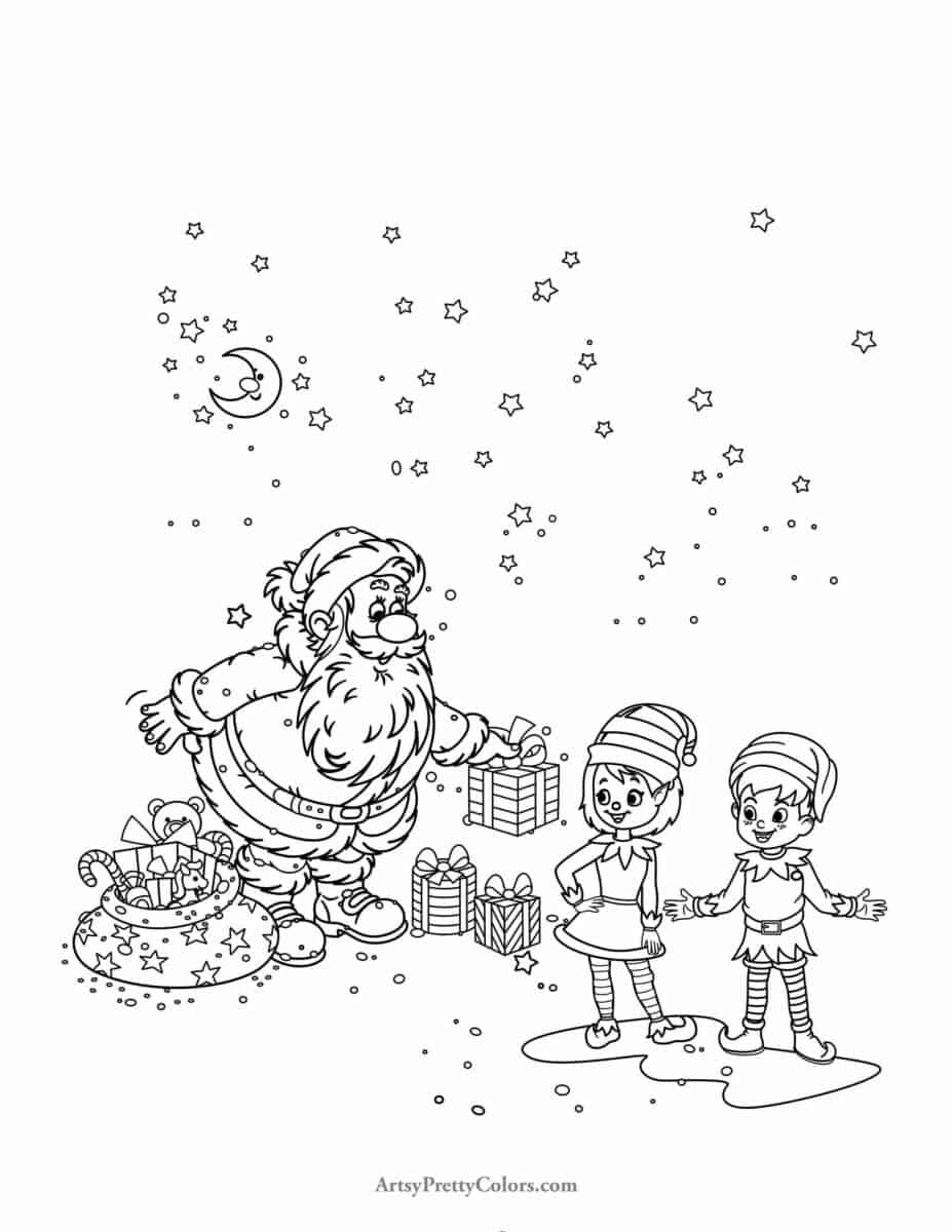 Elf Coloring Page with Santa and his elf helpers with presents.