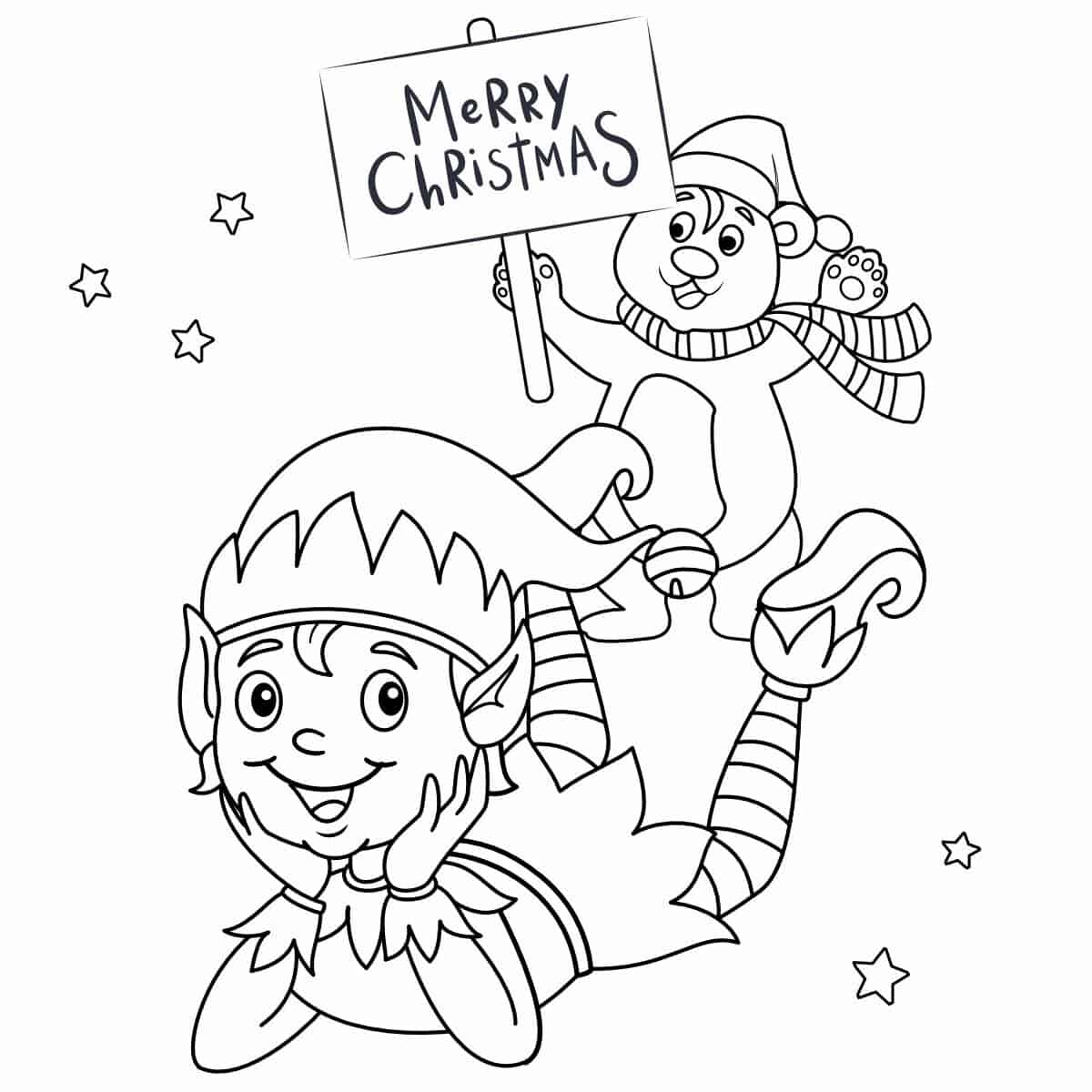 a line drawing of an elf with his head in his hands and a polar bear carrying a merry christmas sign