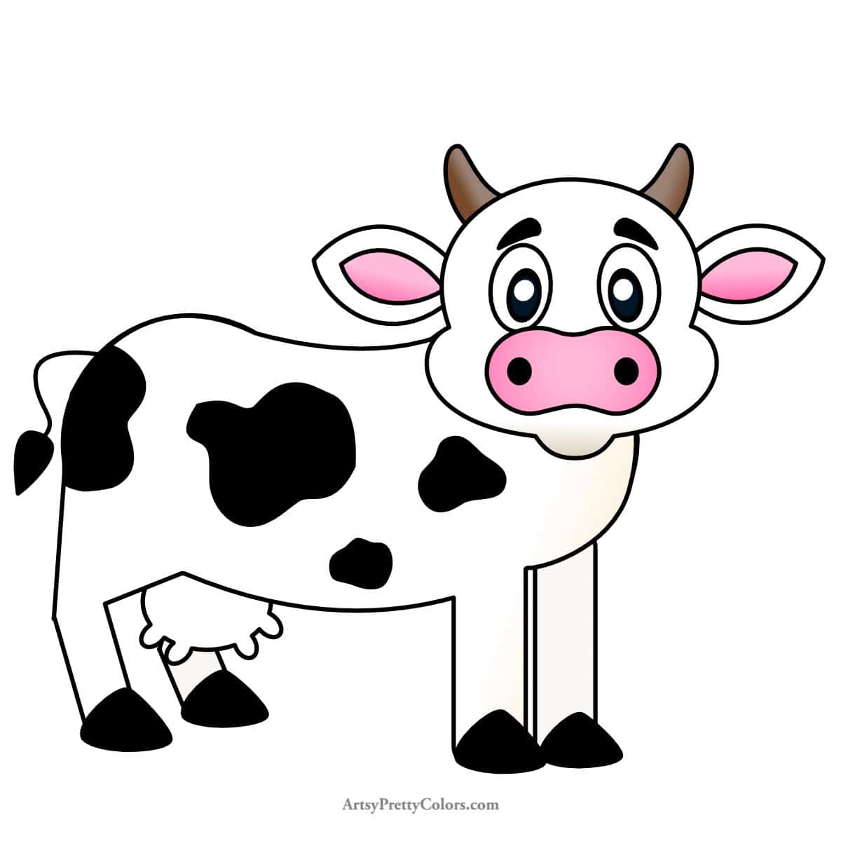 a drawing of a cute cow with a pink nose and ears and black spots