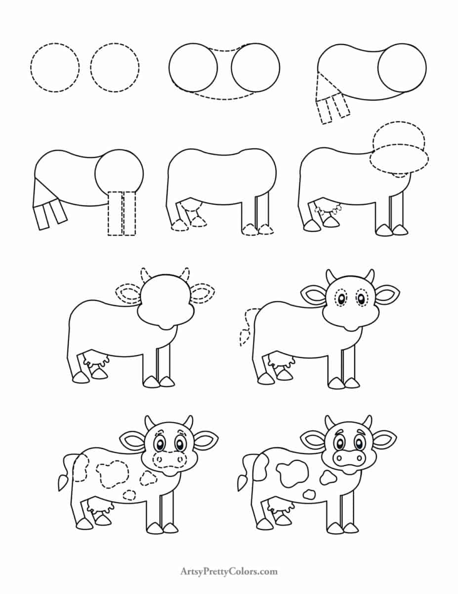 each step in this drawing lesson for making a cute cow. Dotted lines represent each line to draw per step