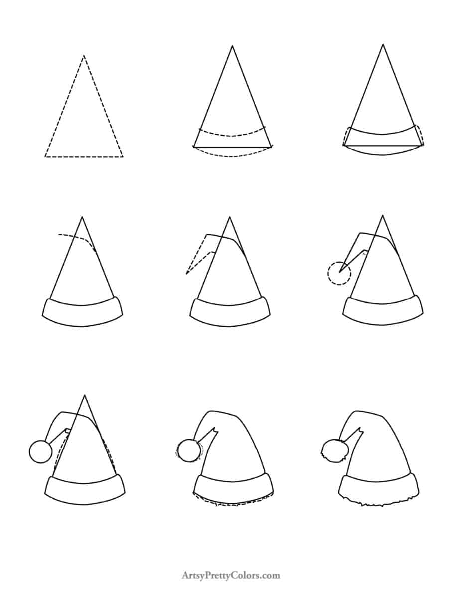 all the steps for how to draw a santa hat. steps marked by dotted lines for lines to draw.