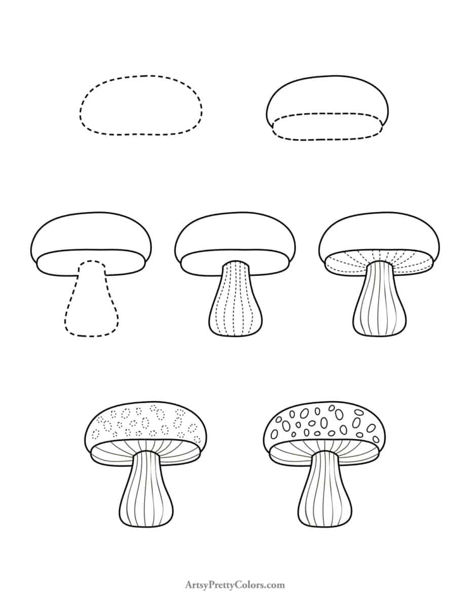 the steps for how to draw simple mushroom, each step marked by dotted lines showing which to draw