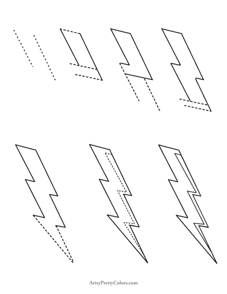 all the steps for drawing a lightning bolt, marked by dotted lines for which line to draw per step.