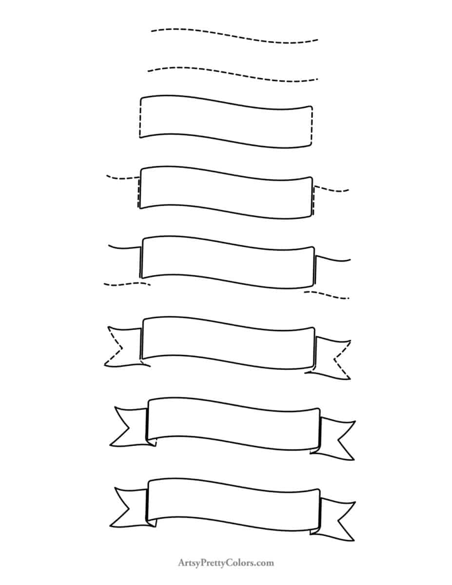 Each step for how to draw a banner ribbon that is wavy- marked by doted lines