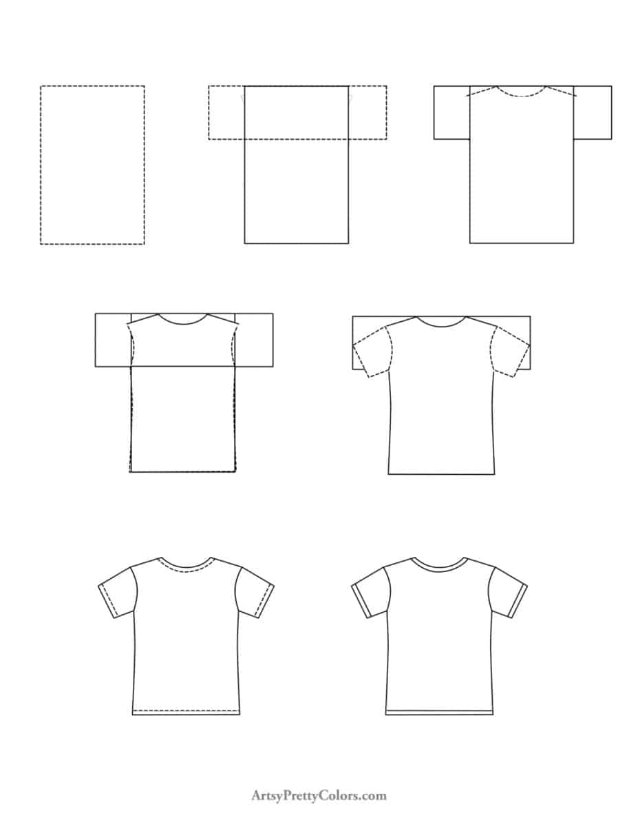 each step for how to draw a shirt marked by dotted lines to draw
