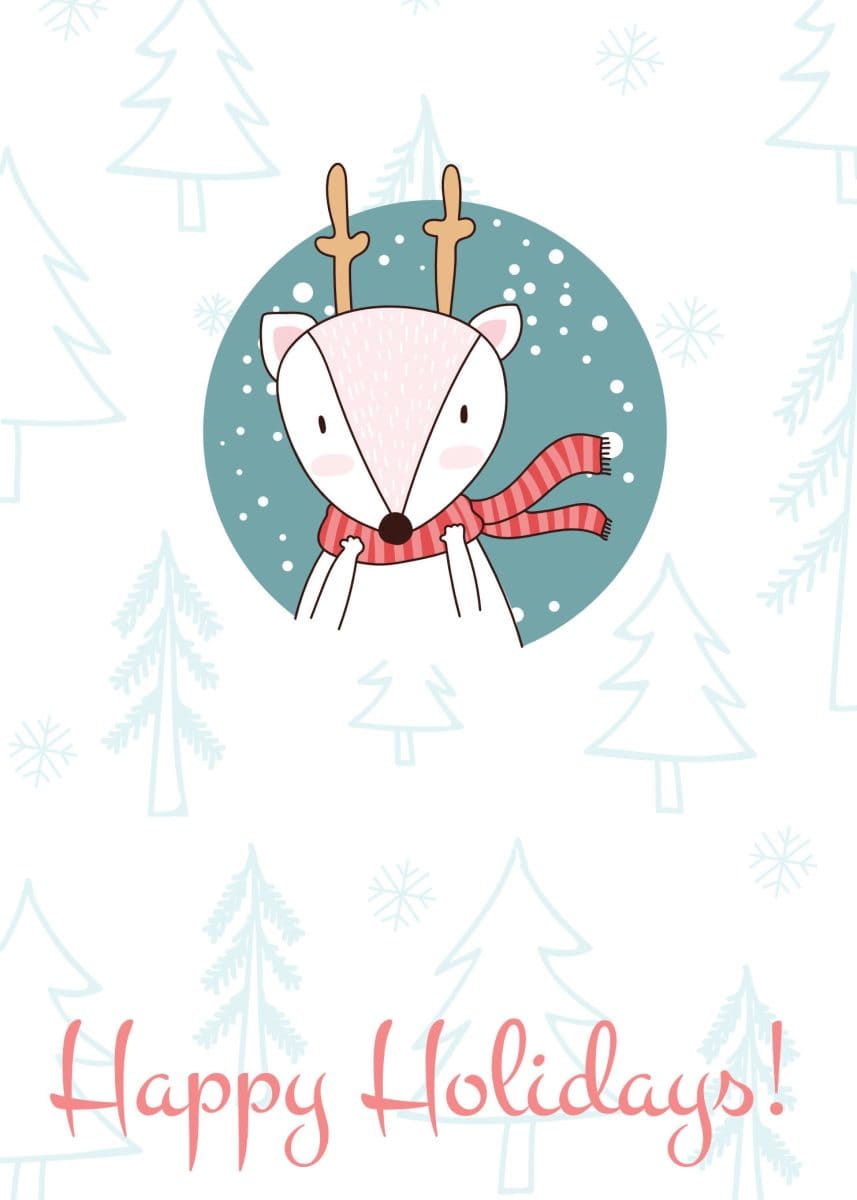 A reindeer with a scarf, card says Happy Holidays.