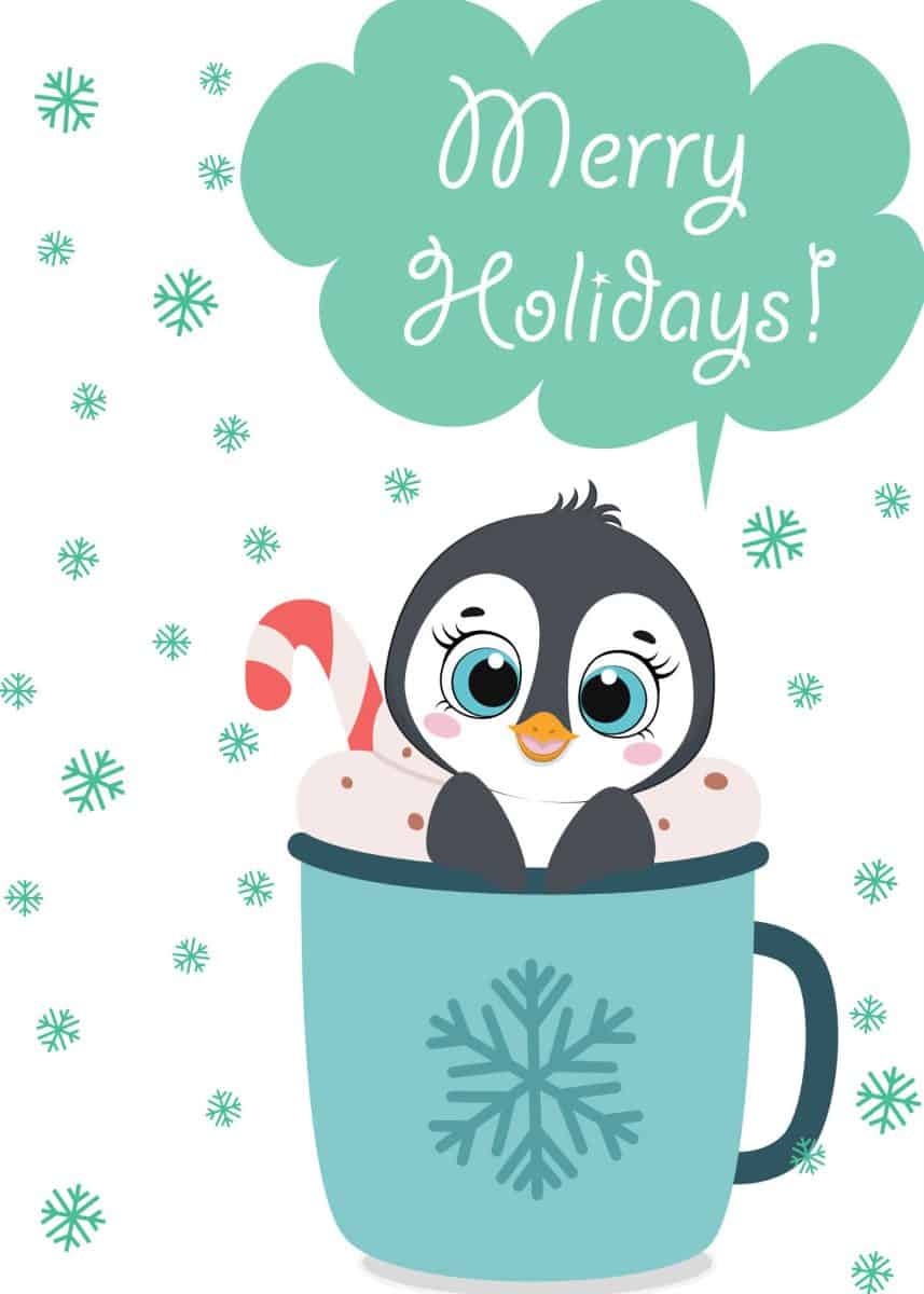 Printable merry holidays card of a penguin inside a cup of hot chocolate.