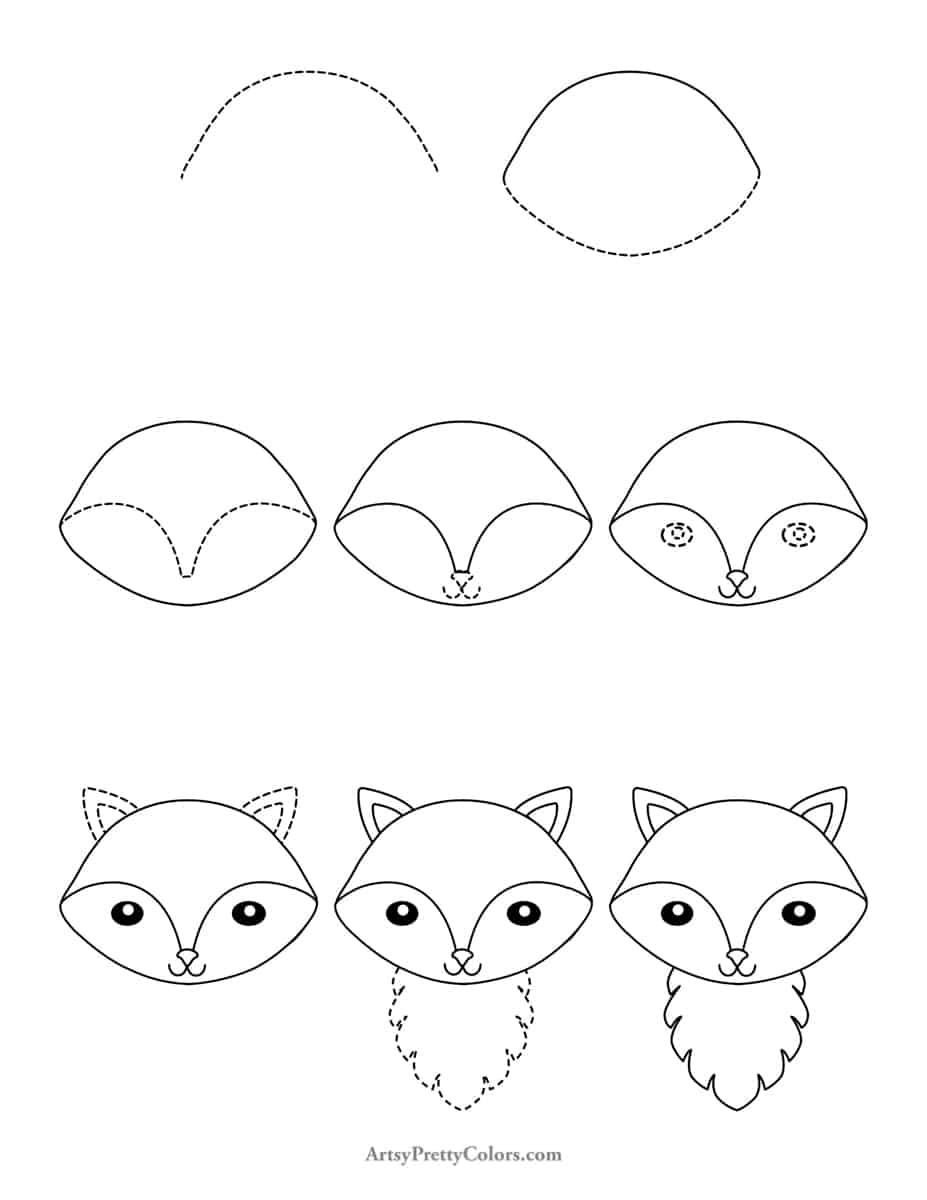 each tutorial step on how to draw an easy fox head. The part to be drawn for each step is marked by a dotted line.