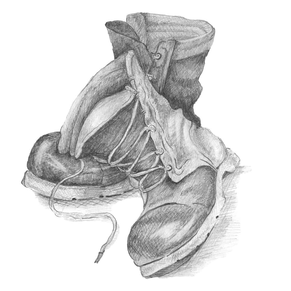 a shaded pencil drawing of worn boots.