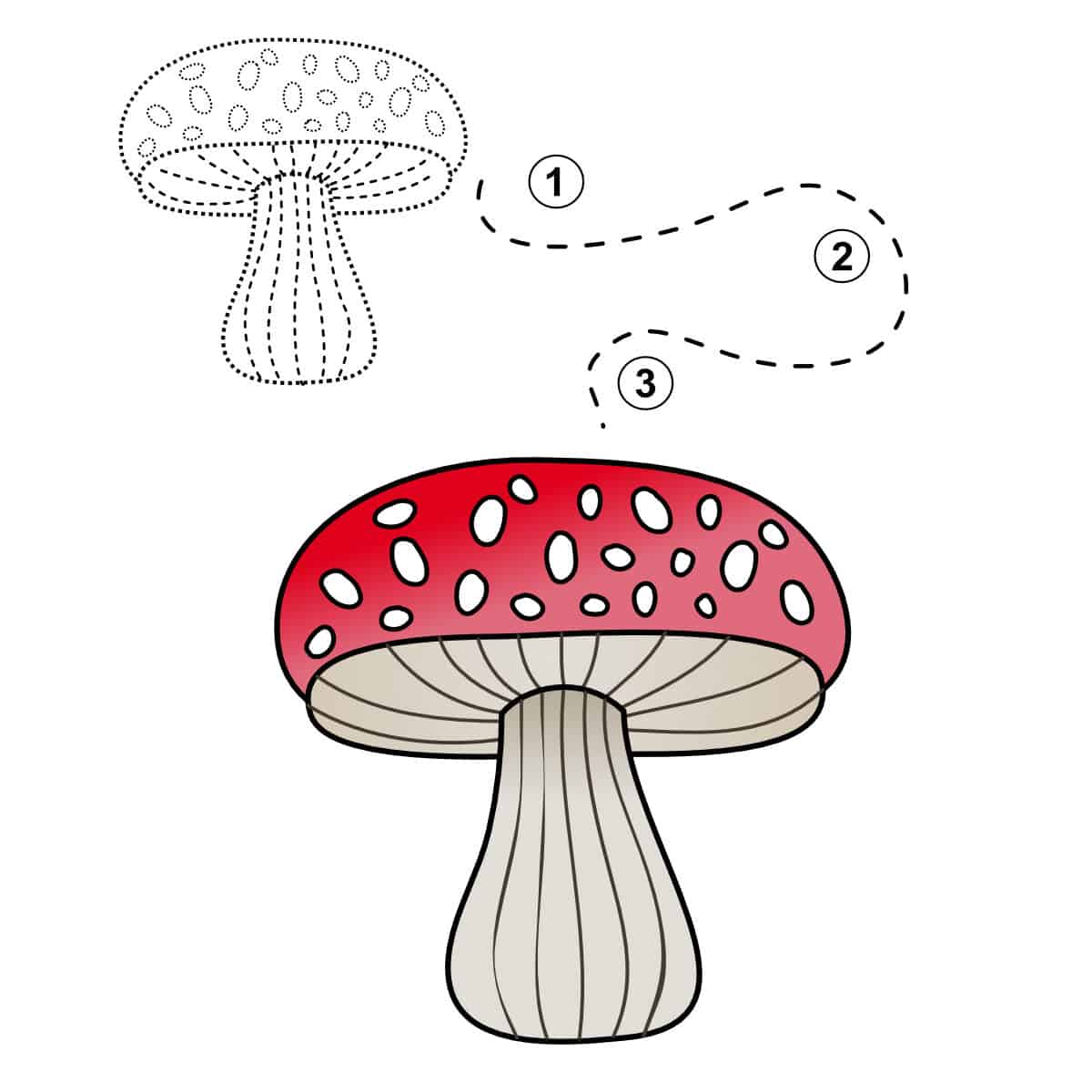A mushroom line drawinging with lines dotted and a dotted line pointing to completed mushroom that is colored in from tutorial.