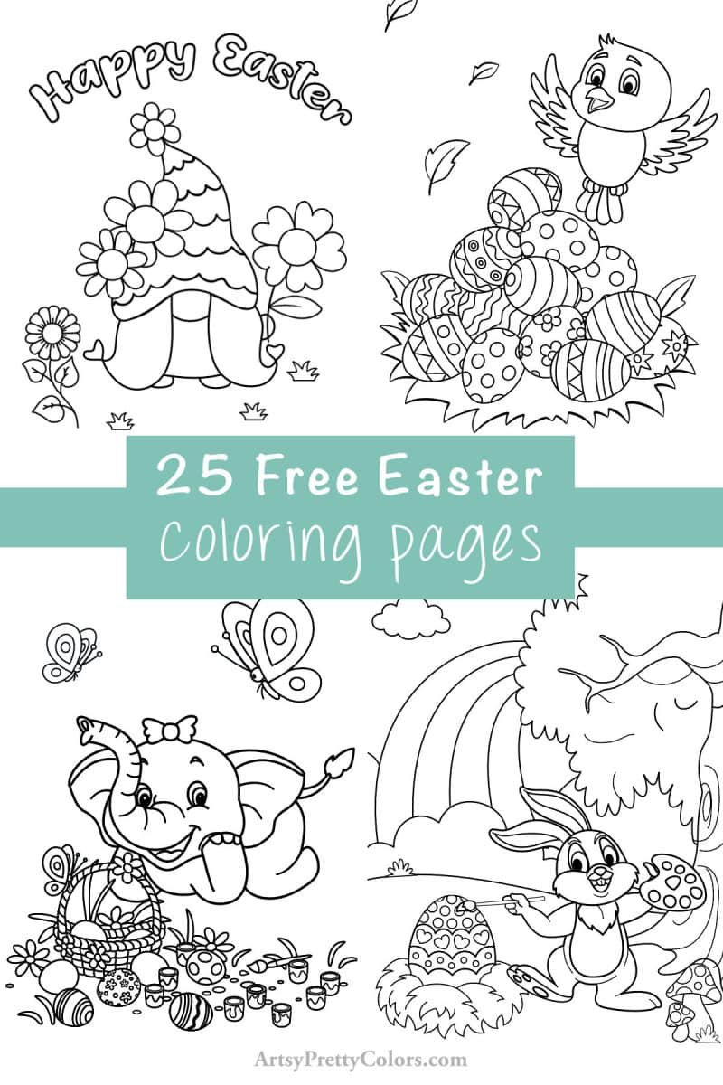 Four line art drawings of cute Easter animals. Text says 25 free easter coloring pages.
