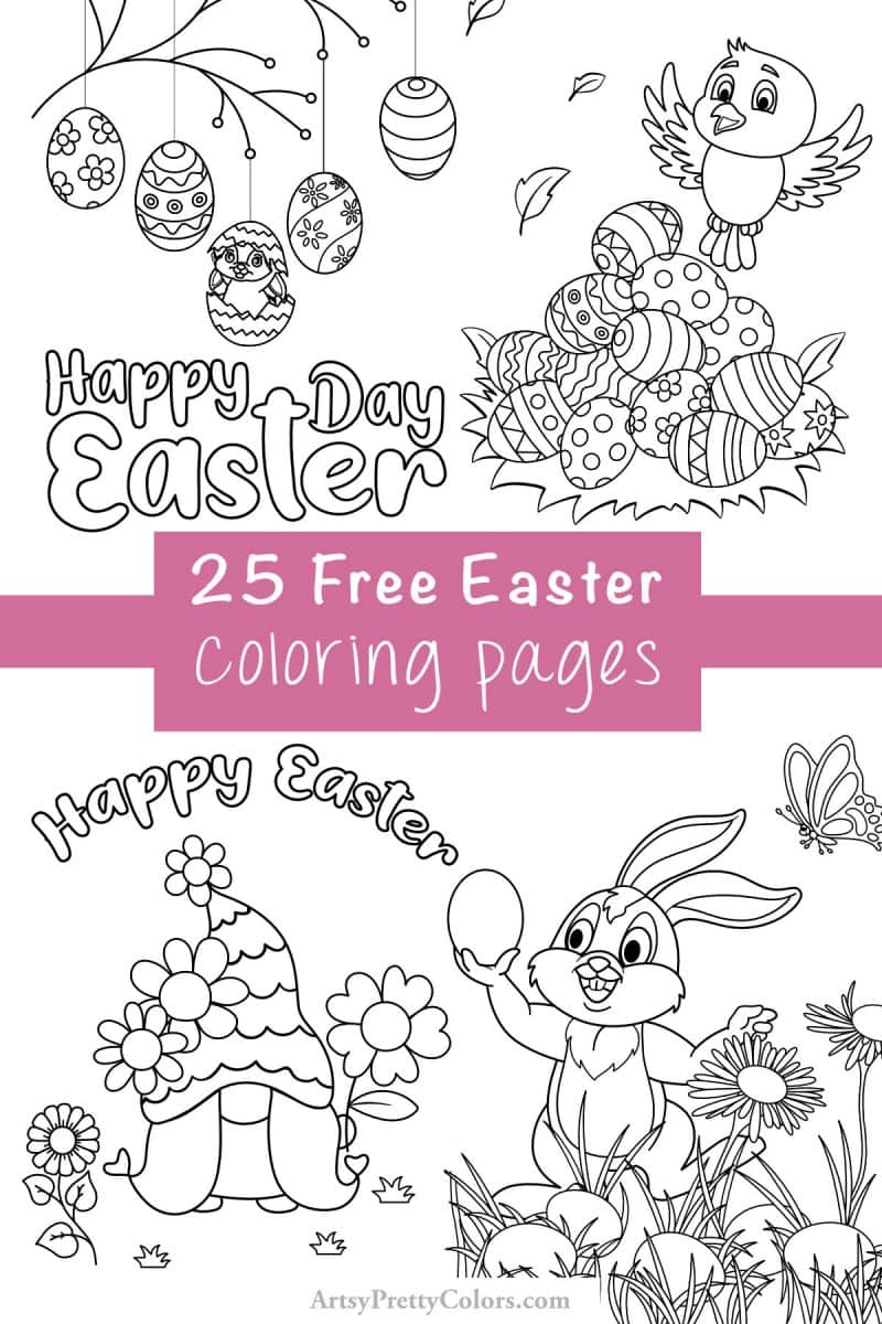 Four line art drawings of cute Easter animals. Text says 25 free easter coloring pages.