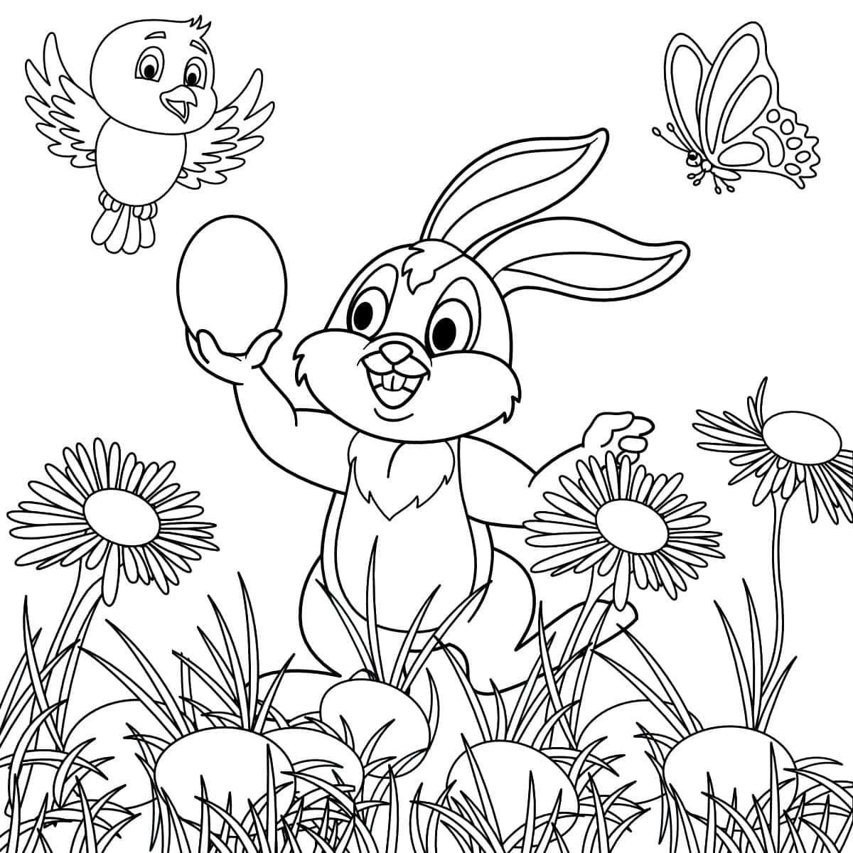 Easter Coloring Pages of a bunny rabbit holding an easter egg in a meadow,