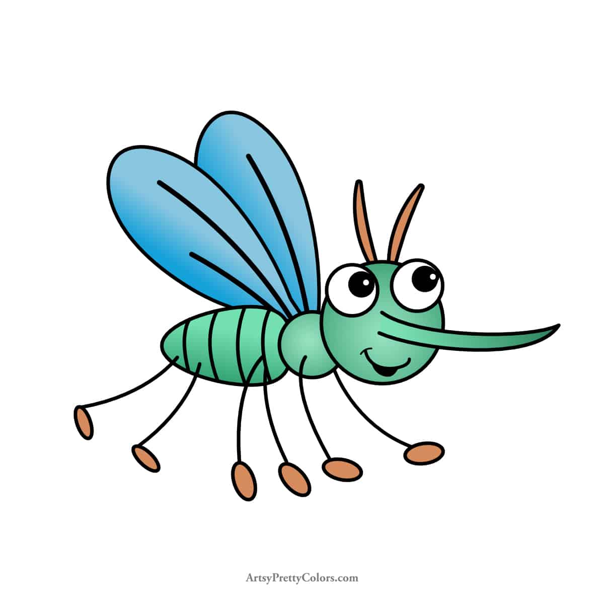 picture of a line drawing of a mosquito that is finished from a tutorial for how to draw one. Mosquito is colored in.