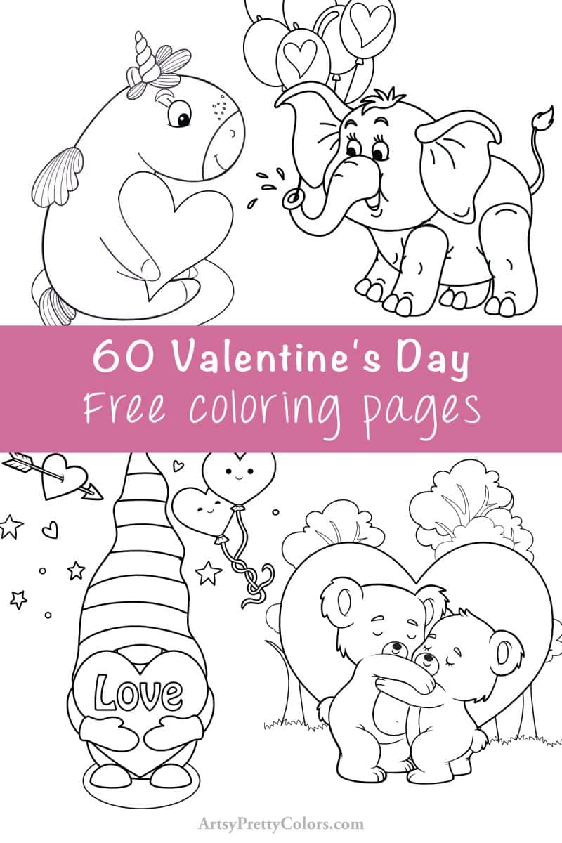4 line art drawings of cute animals with hearts and balloons to color. text says 60 valentine's day free coloring pages.
