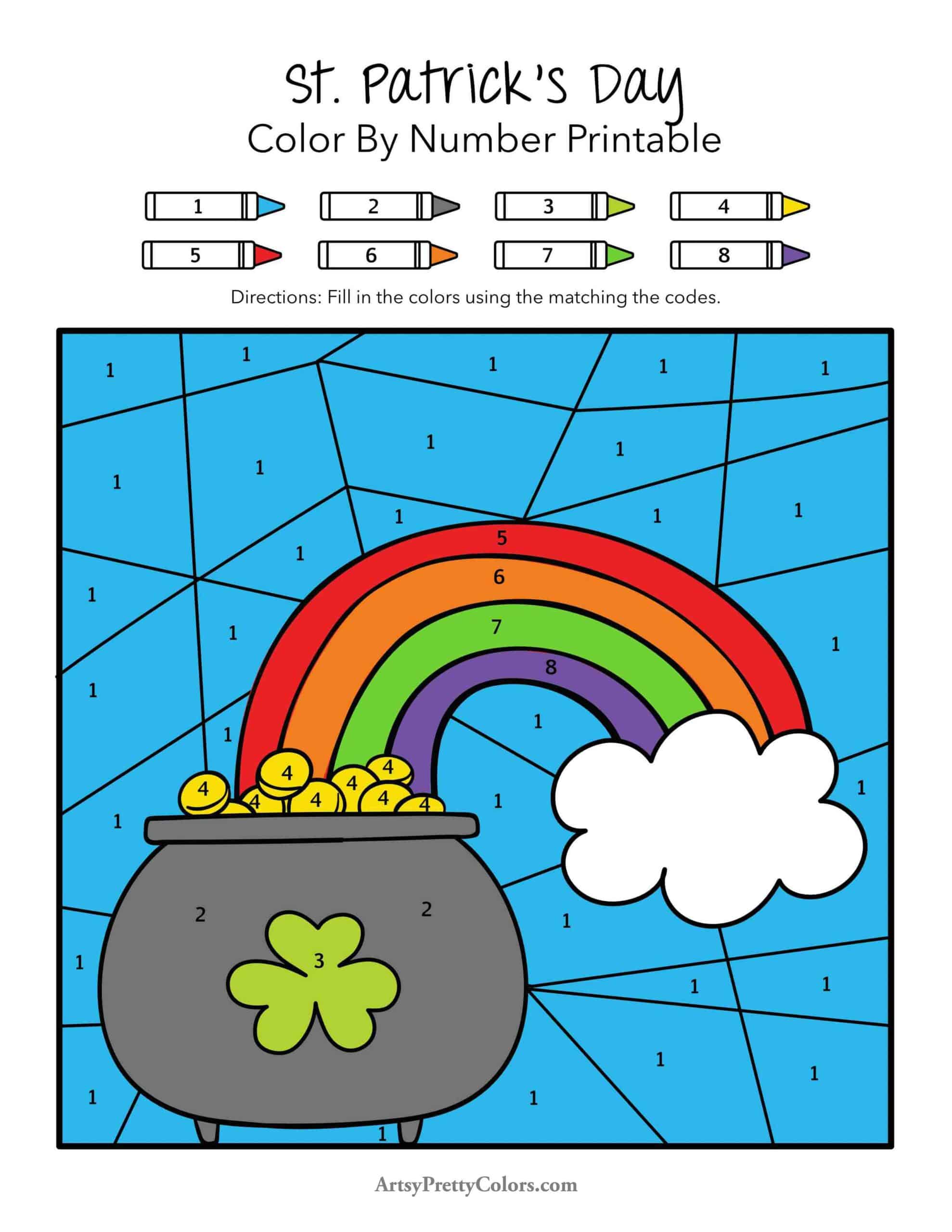 a colored in St patricks printable of a pot of gold with a rainbow leading into it. The image is sectioned off with numbers in each section that correspond with a color key at the top of the page.