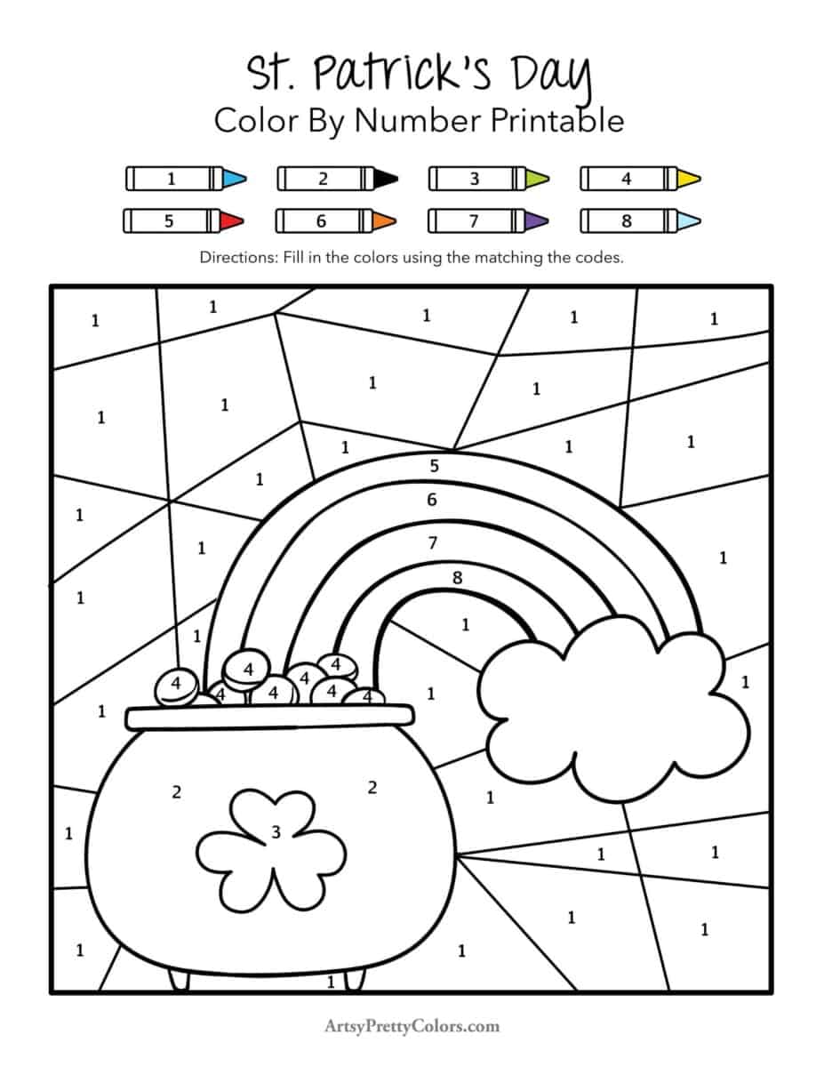 A printable of a pot of gold with a rainbow leading into it. The image is sectioned off with numbers in each section that correspond with a color key at the top of the page.