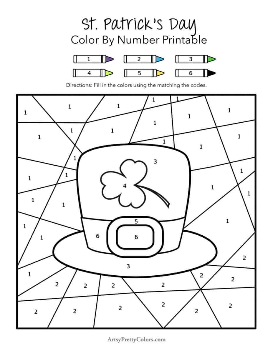 A st patrick's day leprechaun day hat with a clover leaf on it, the page has numbers on it to be matched with colors to be colored in, which is listed at the top,