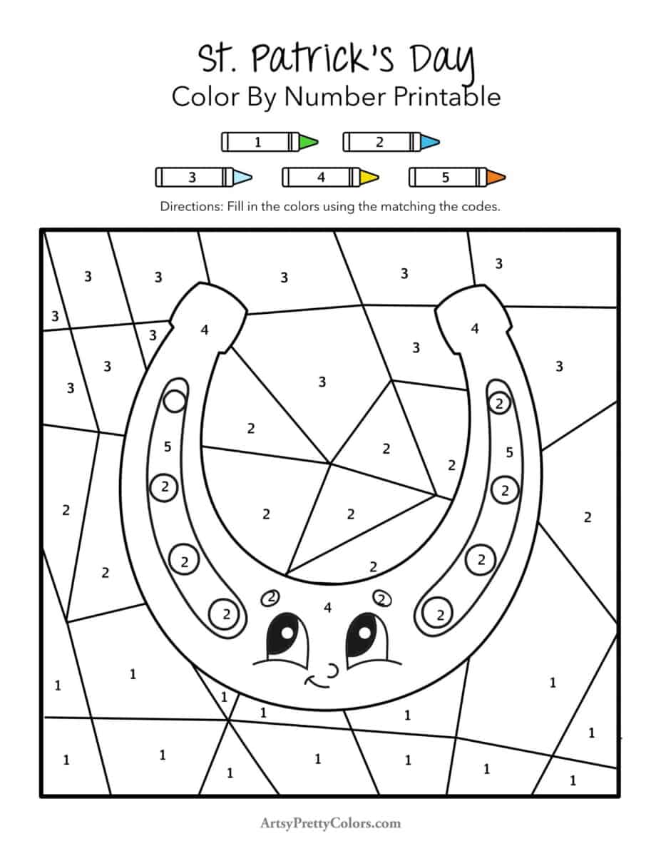 A line drawing of a lucky horse shoe with a cute face on it. Each part of the picture has different numbers that match a color key at the top that has different numbers with colors.
