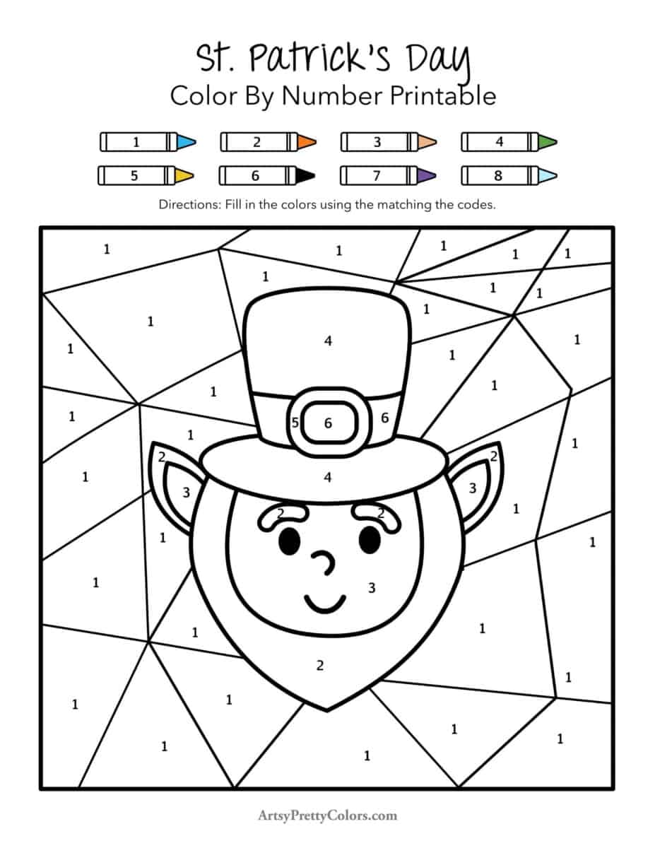A St. Patrick's Day leprechaun smiling with sections of the drawing having numbers that correlate with colors at the top of the page that have numbers on them and match sections below to be colored in.