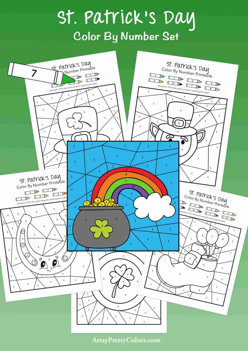 all of the St. Patrick's day color by number printables together to show a set