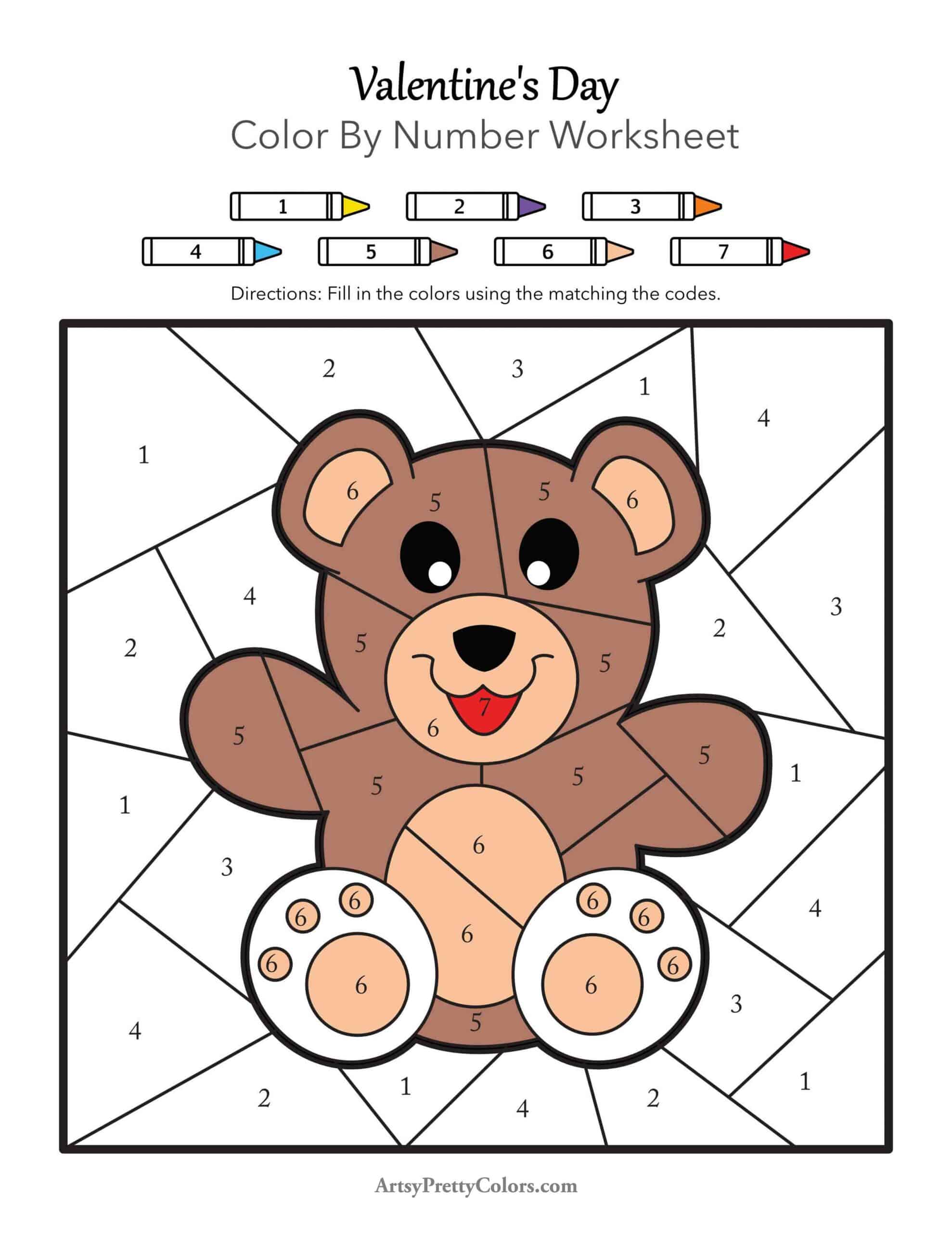 a cute teddy bear coloring page drawing. The bear is colored in and there are section lines filled with number codes.