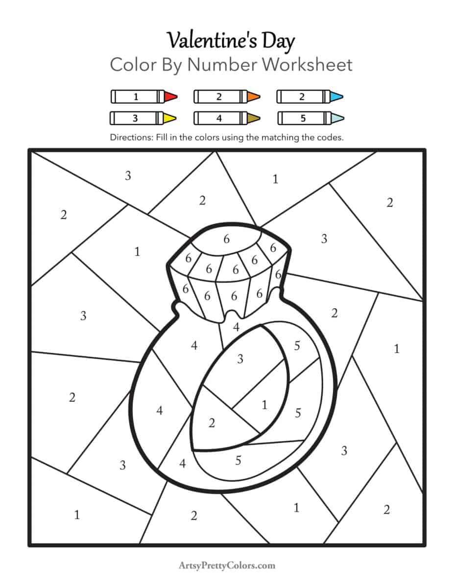 a black and wqhite drawing of a diamond ring with color codes to color in
