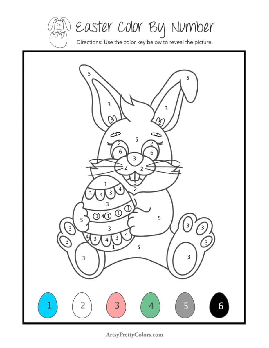 Outline of a rabbit holding an egg with decorations on it. Inside image has different numbers listed in different areas that match colors in color key.