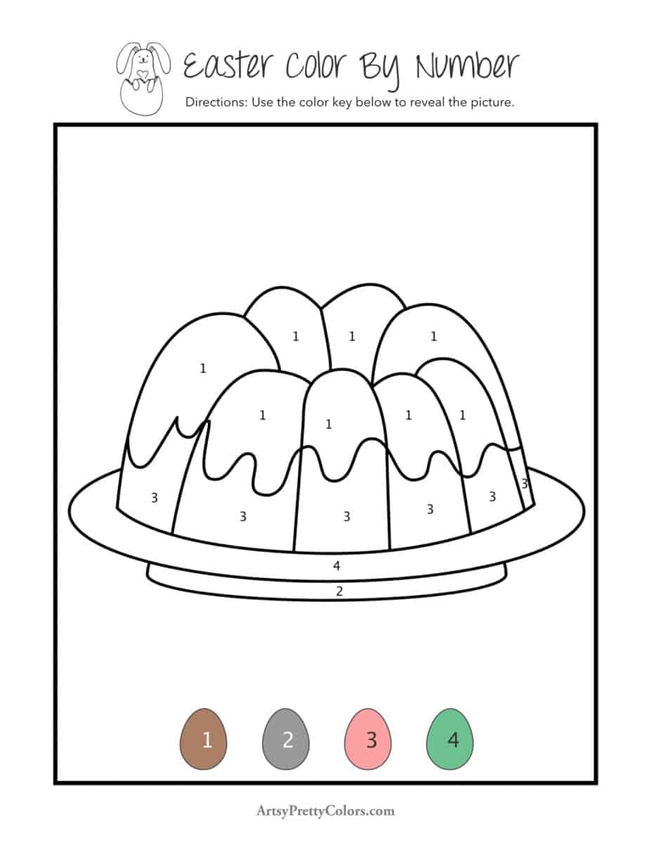 Outline of easter bundt shaped cake, with different numbers listed in different areas that match colors in color key.