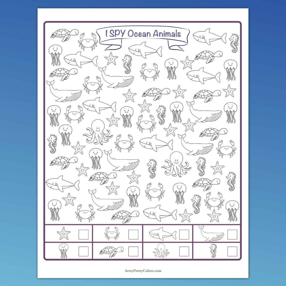 A page with many types of ocean animals and boxes at the bottom to be tallied.
