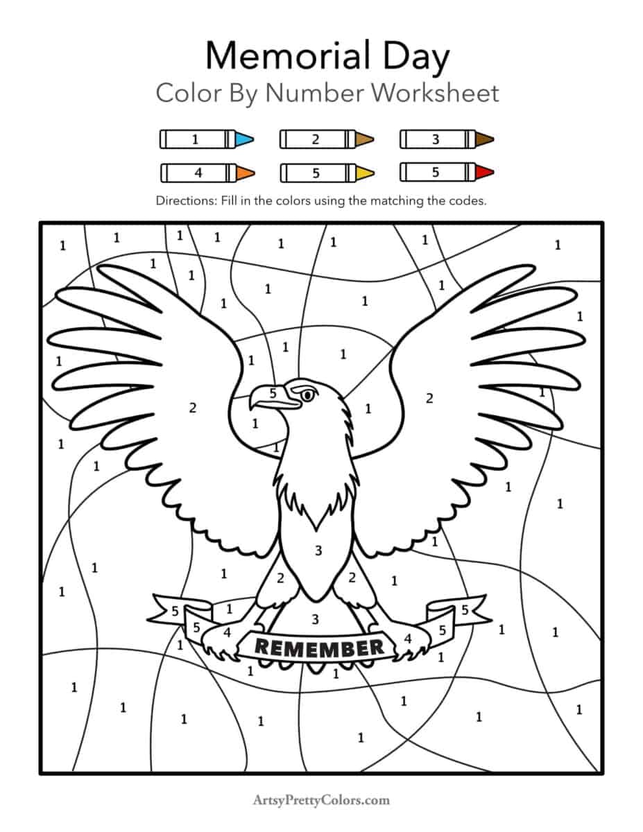 A printable of an eagle holding a banner that says remember for Memorial Day. The picture is sectioned off by numbers that match the colors at the top of the download.