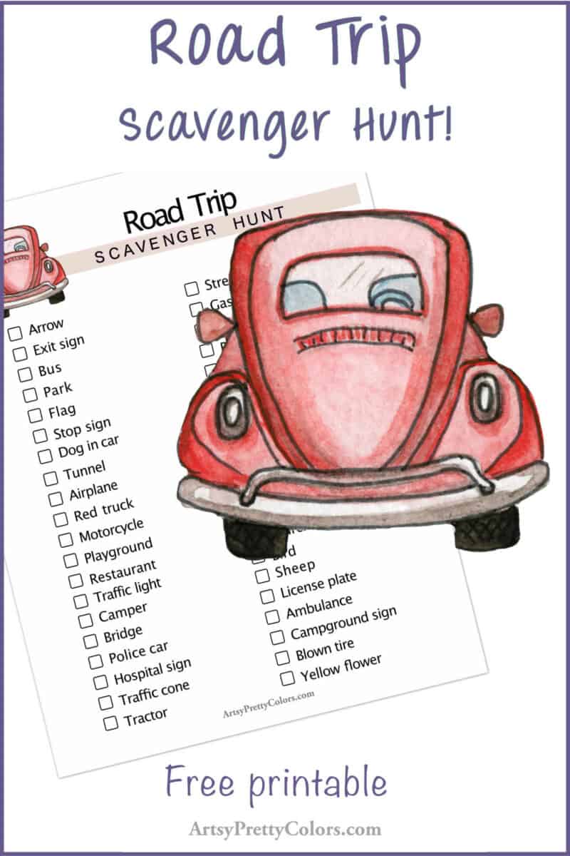 A list of things you would see on a road trip and a red VW punch bug.