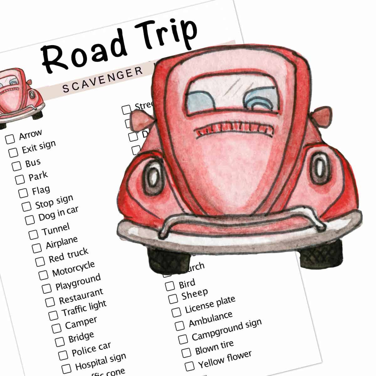 A list of things you would see on a road trip and a red VW punch bug.