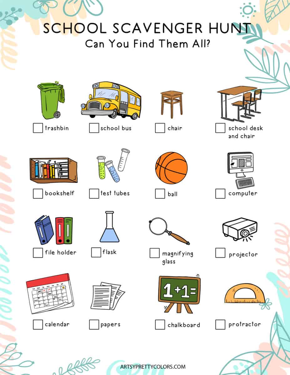 side 1 of a Back To School Scavenger Hunt Worksheet showing different school items to be found and checked off.