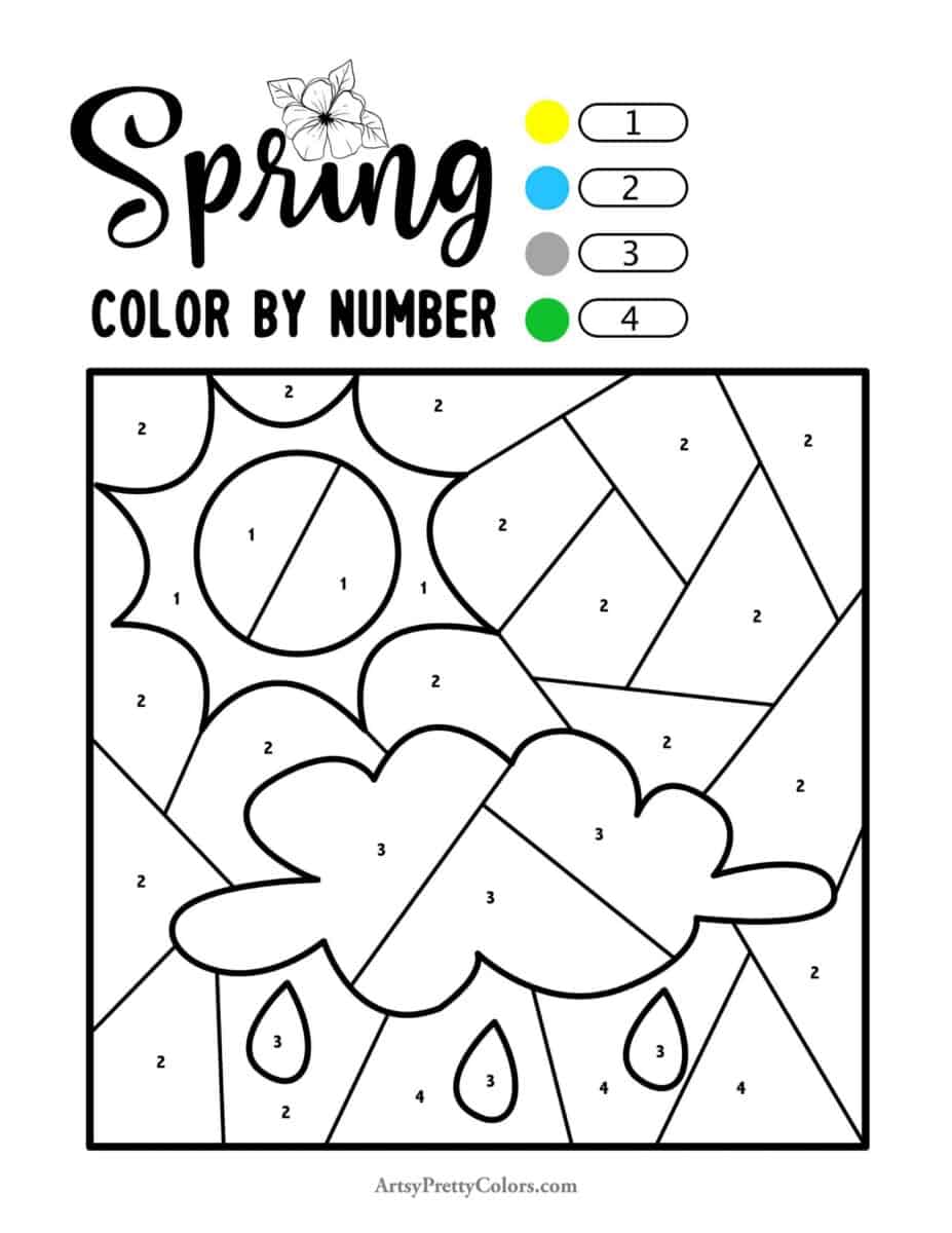 Spring color by code printable of sun and clouds.