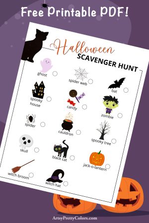 A printable handout pdf of different Halloween items checklist for a Halloween Scavenger Hunt for kids