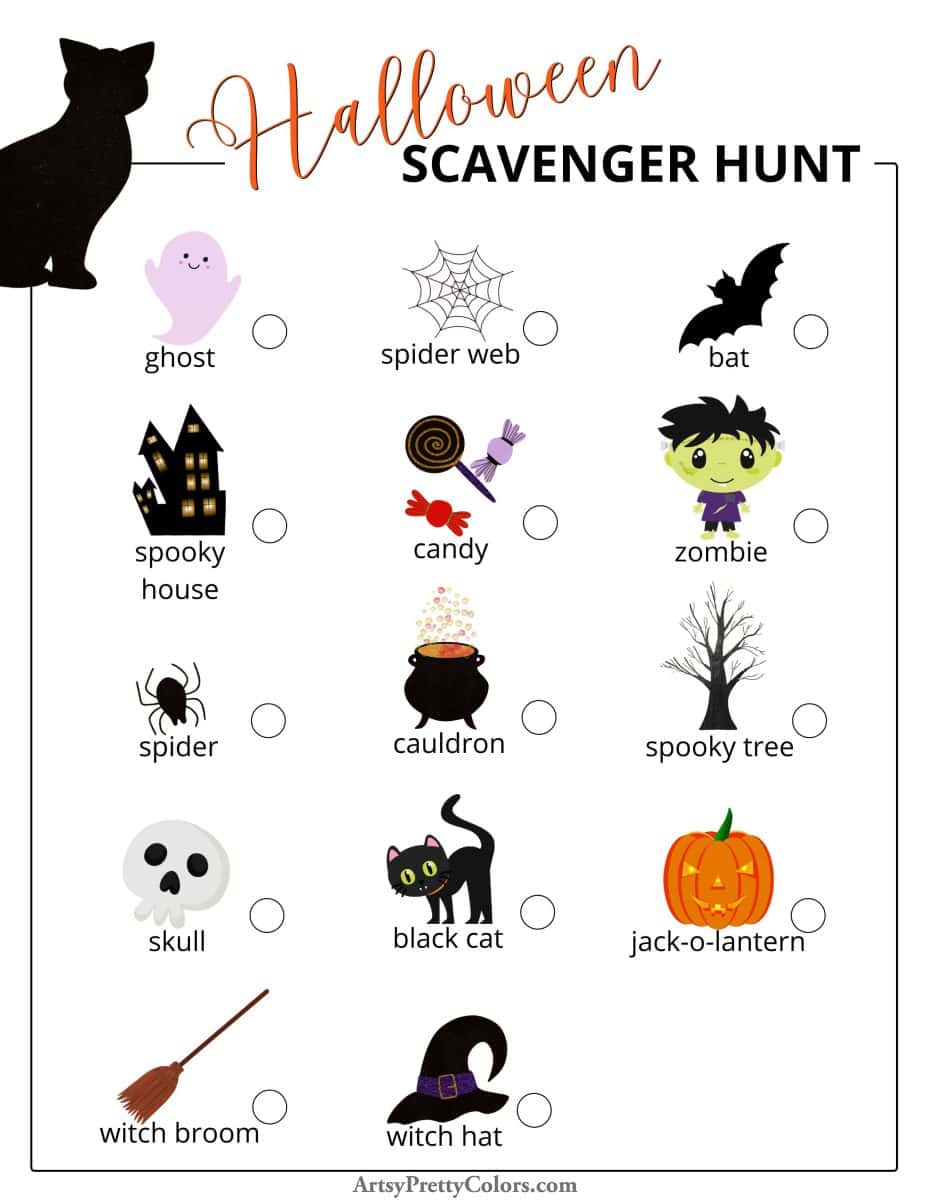 A printable pdf of halloween items with a circle to be checked off.