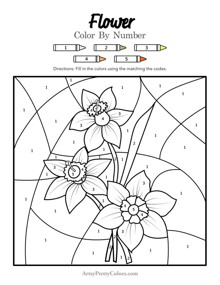 daffodils in black and white on a pdf of a color by number coloring pages of flowers.