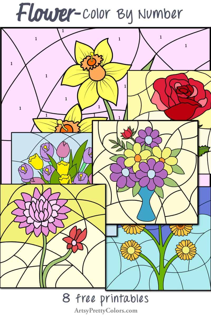 multiple different finished colored images of flower color by number pages. Text says free flower color by number.