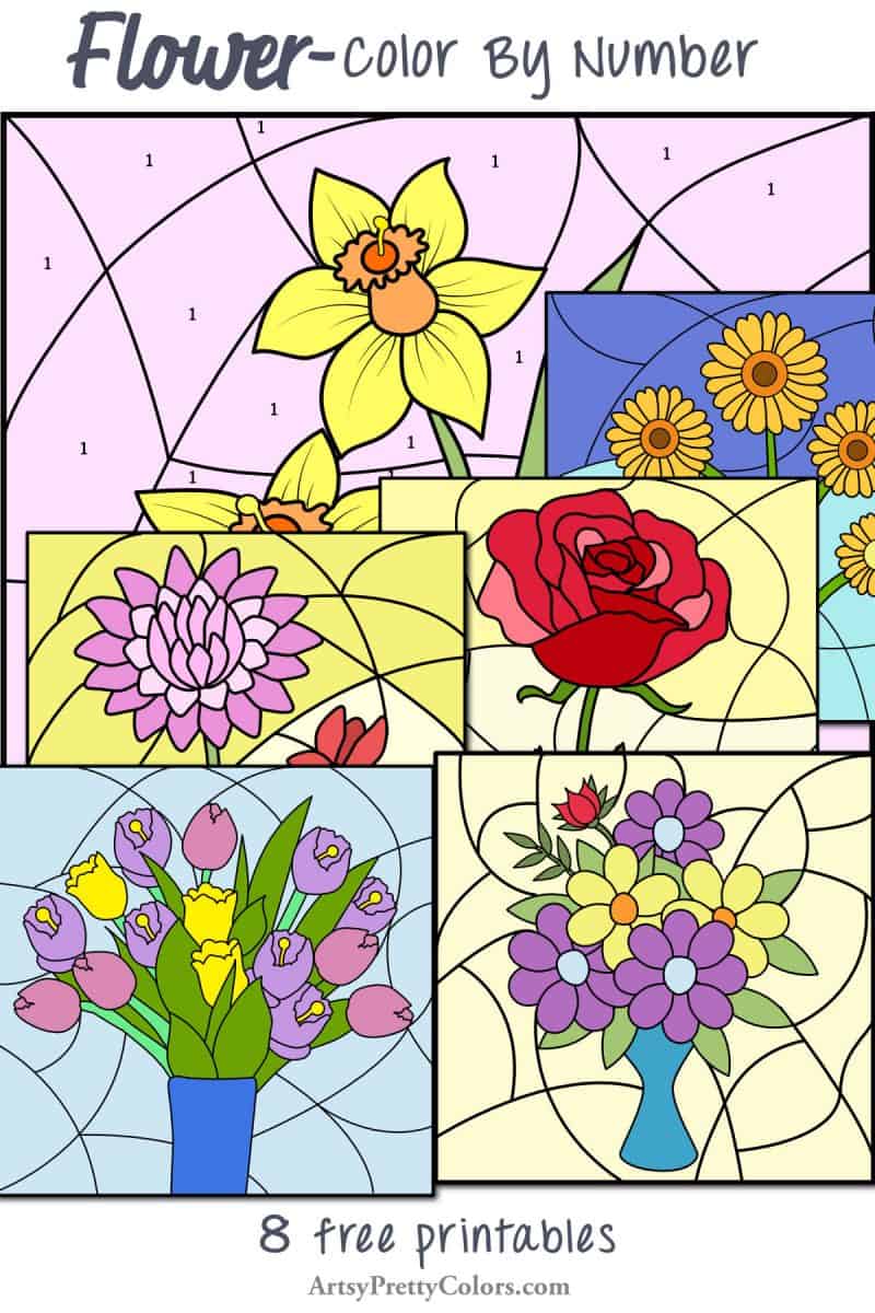 multiple different finished colored images of flower color by number pages. Text says free flower color by number.