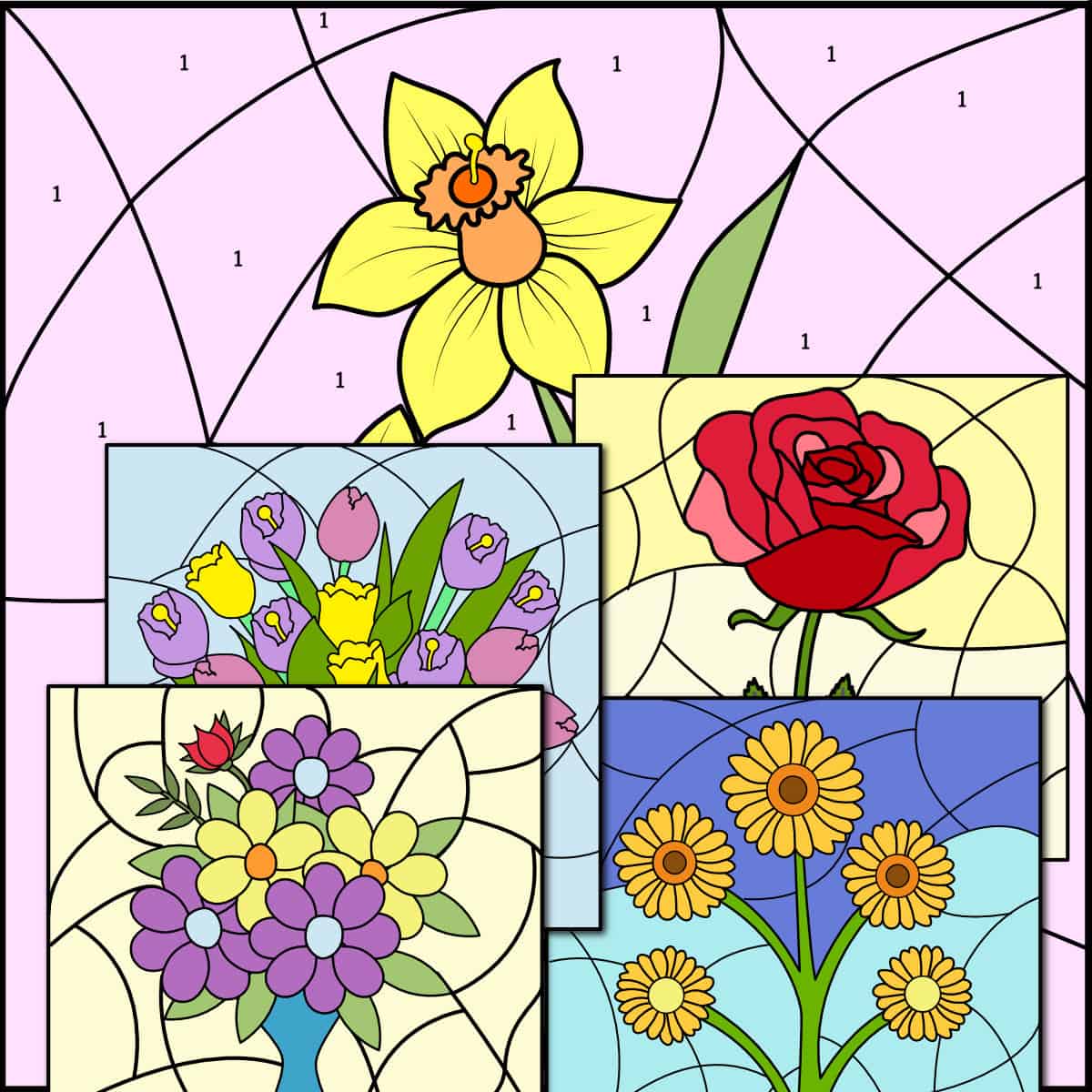 multiple different finished colored images of flower color by number pages.