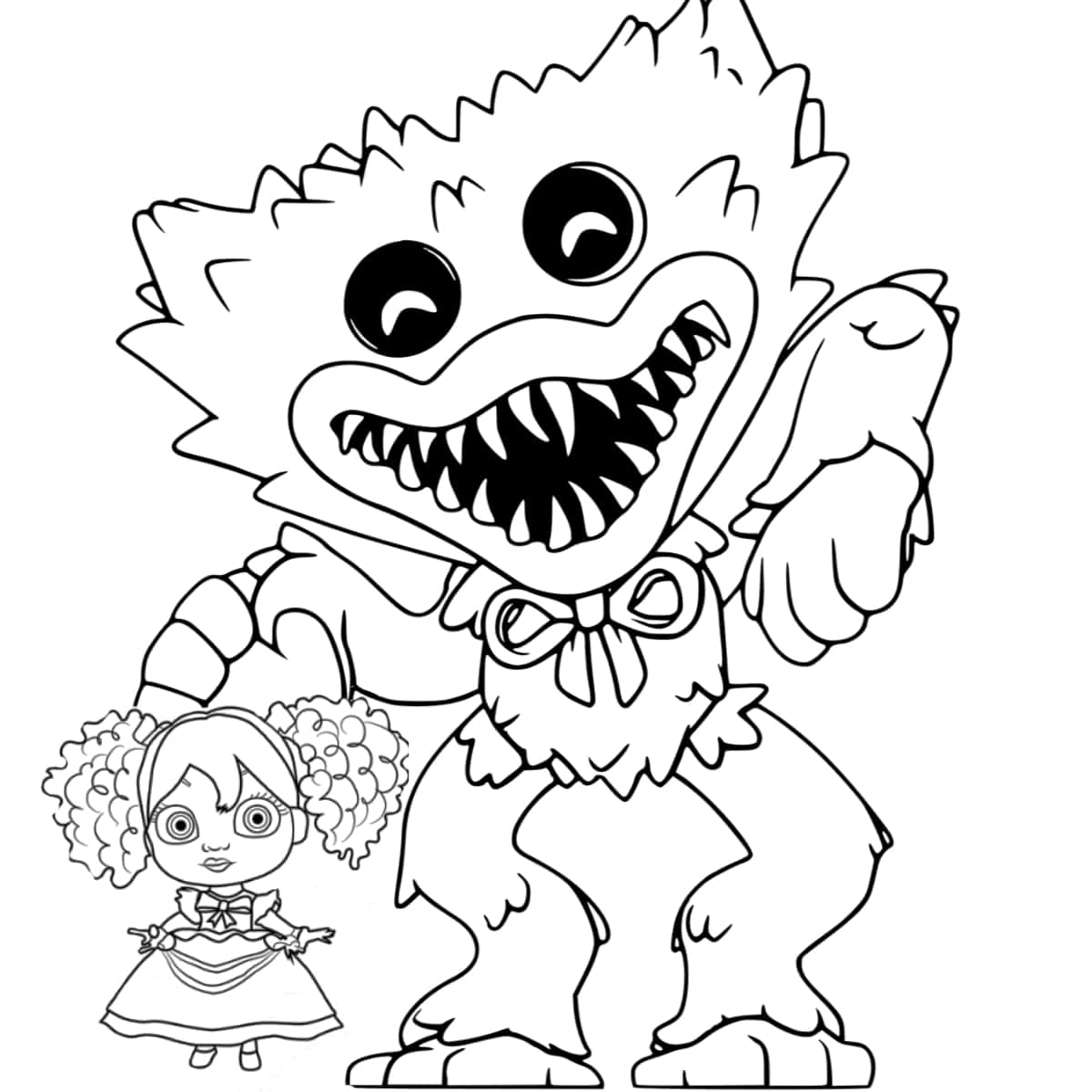 A coloring page image showing the big blue monster from Huggy Wuggy the video game with Poppy Playtime.